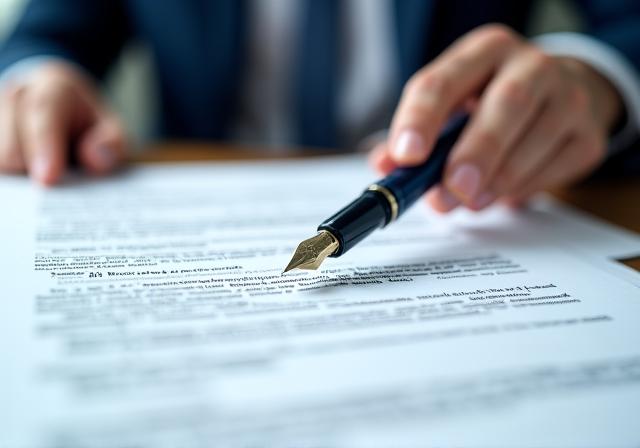 Close up of a professional contract being signed with focus on precise legal terminology